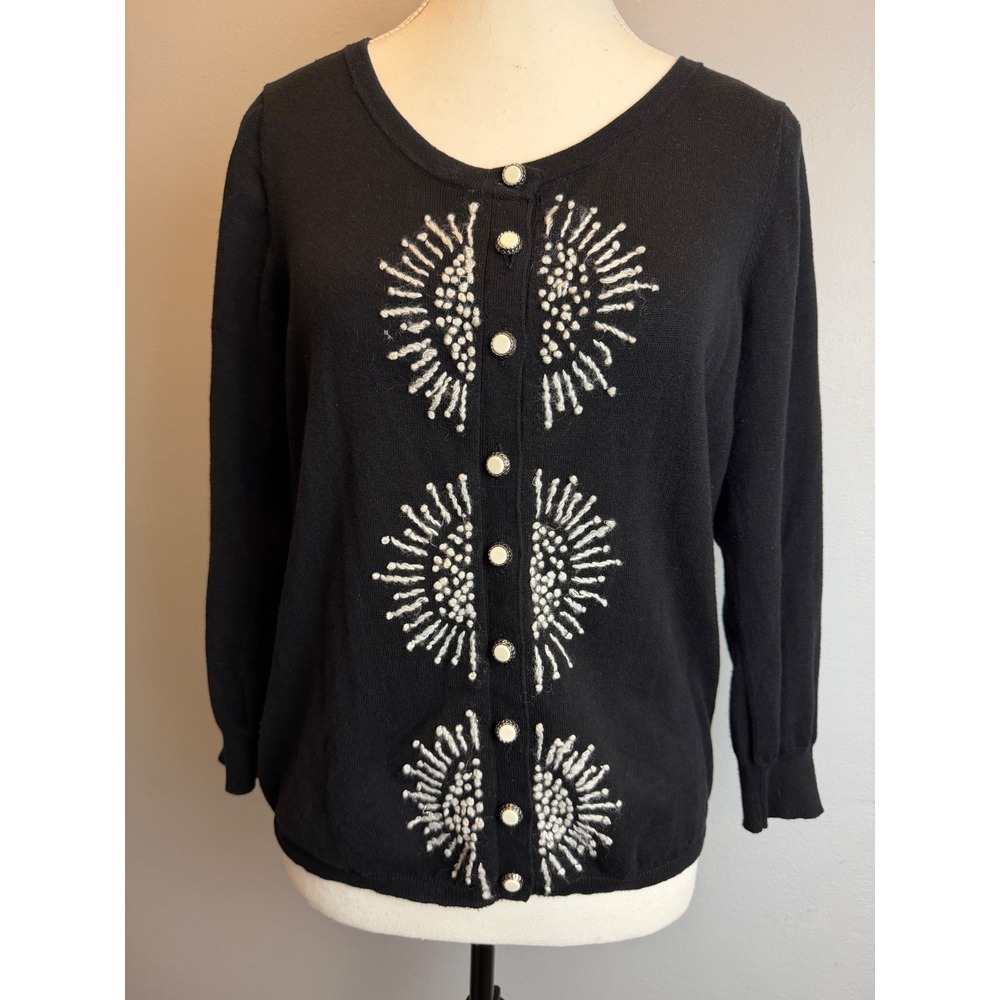 Anthropologie HWR Large Black Embroidered Button Front Cardigan Sweater Art